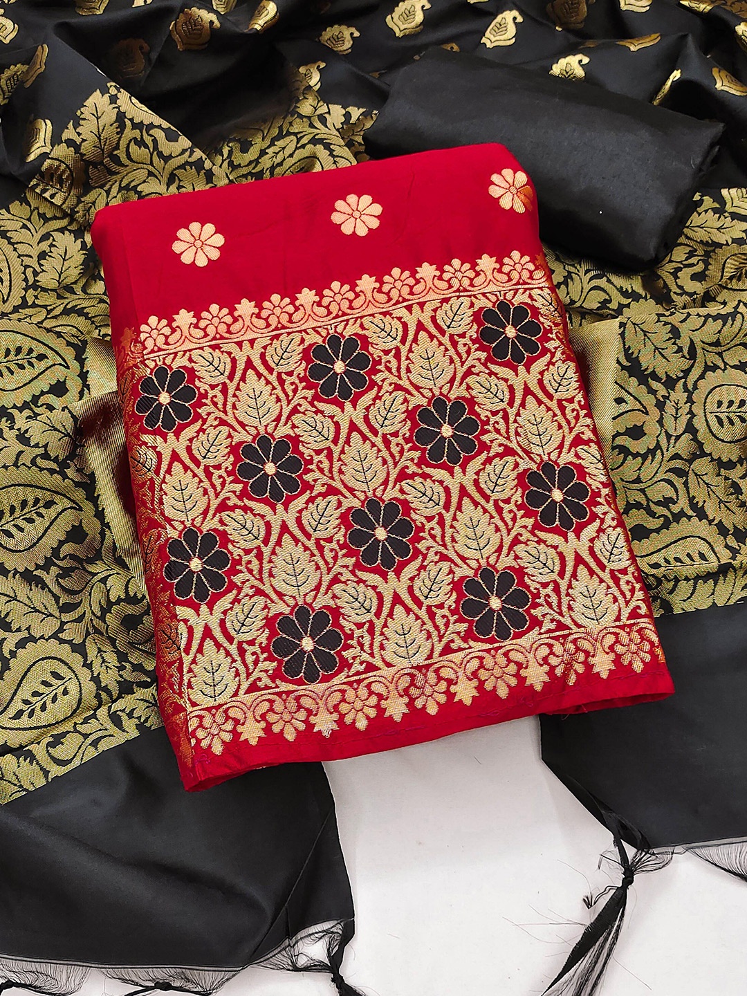 

SHADOW & SAINING Floral Woven Design Zari Unstitched Dress Material, Red