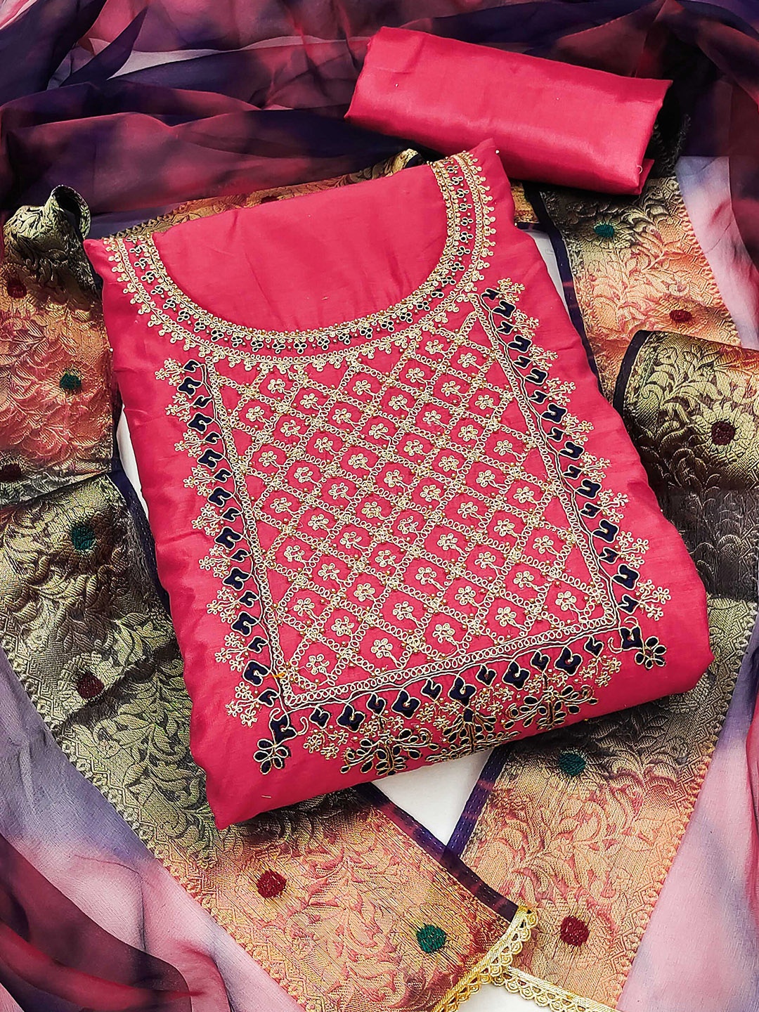

SHADOW & SAINING Ethnic Motifs Embroidered Unstitched Dress Material, Pink
