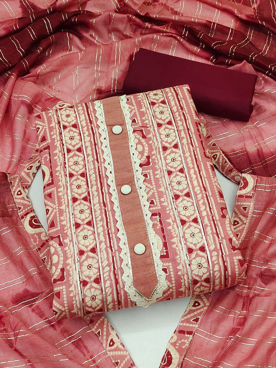 

SHADOW & SAINING Ethnic Motifs Batik Printed Unstitched Dress Material, Peach