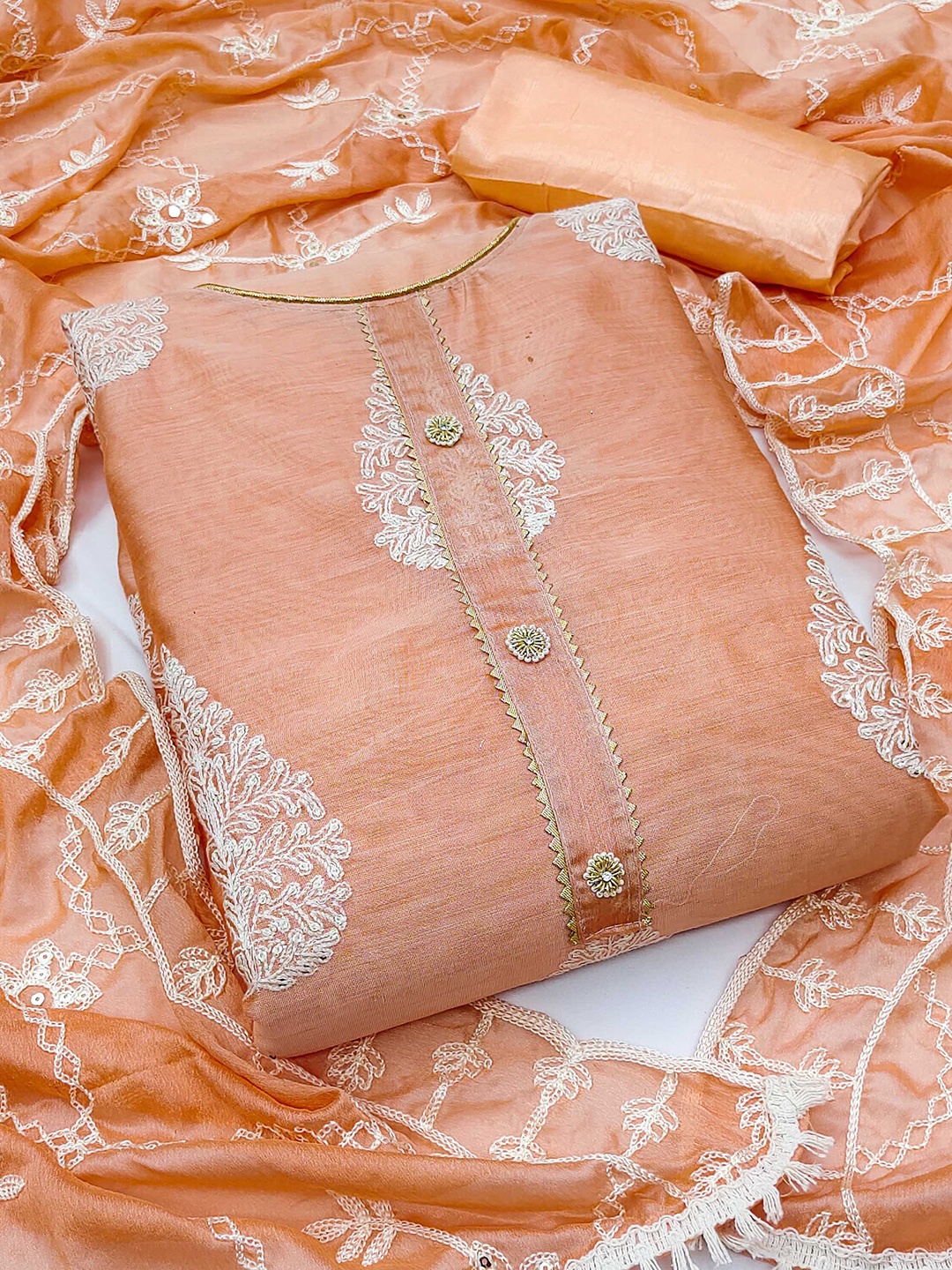 

SHADOW & SAINING Ethnic Motifs Thread Work Unstitched Dress Material, Peach