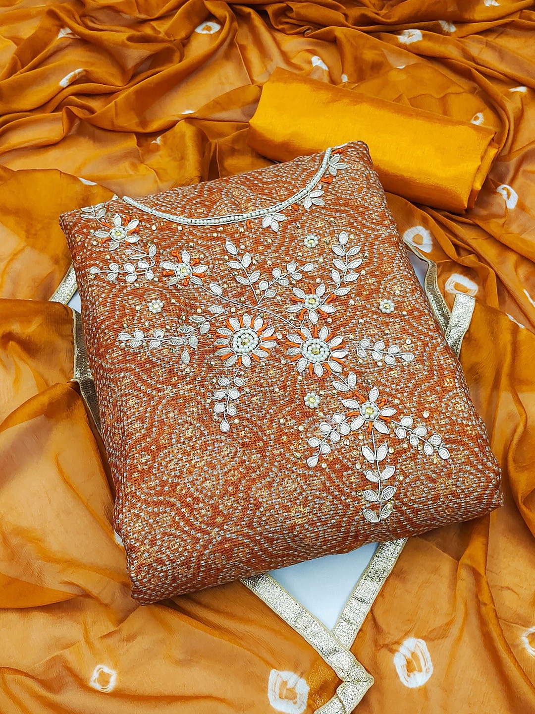 

SHADOW & SAINING Embellished Pure Cotton Unstitched Dress Material, Mustard