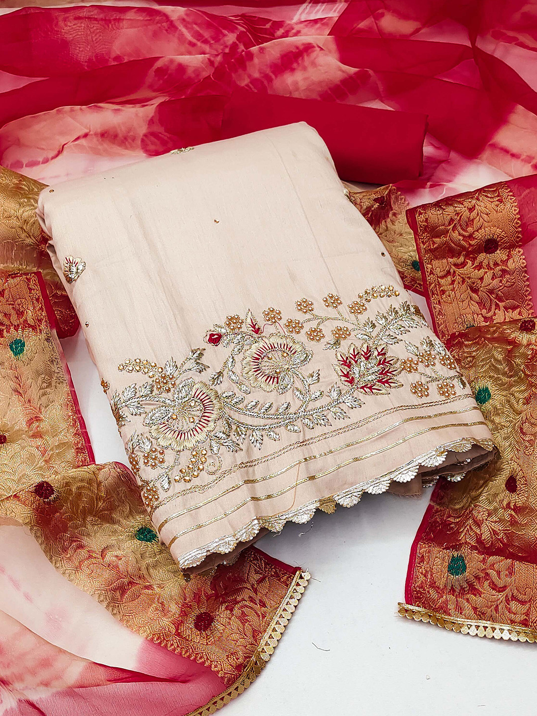 

SHADOW & SAINING Ethnic Motifs Embroidered Beads & Stones Unstitched Dress Material, Beige