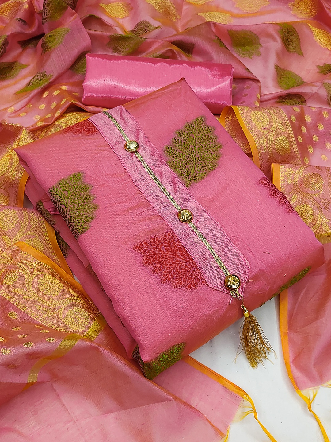 

SHADOW & SAINING Ethnic Motifs Zari Unstitched Dress Material, Pink