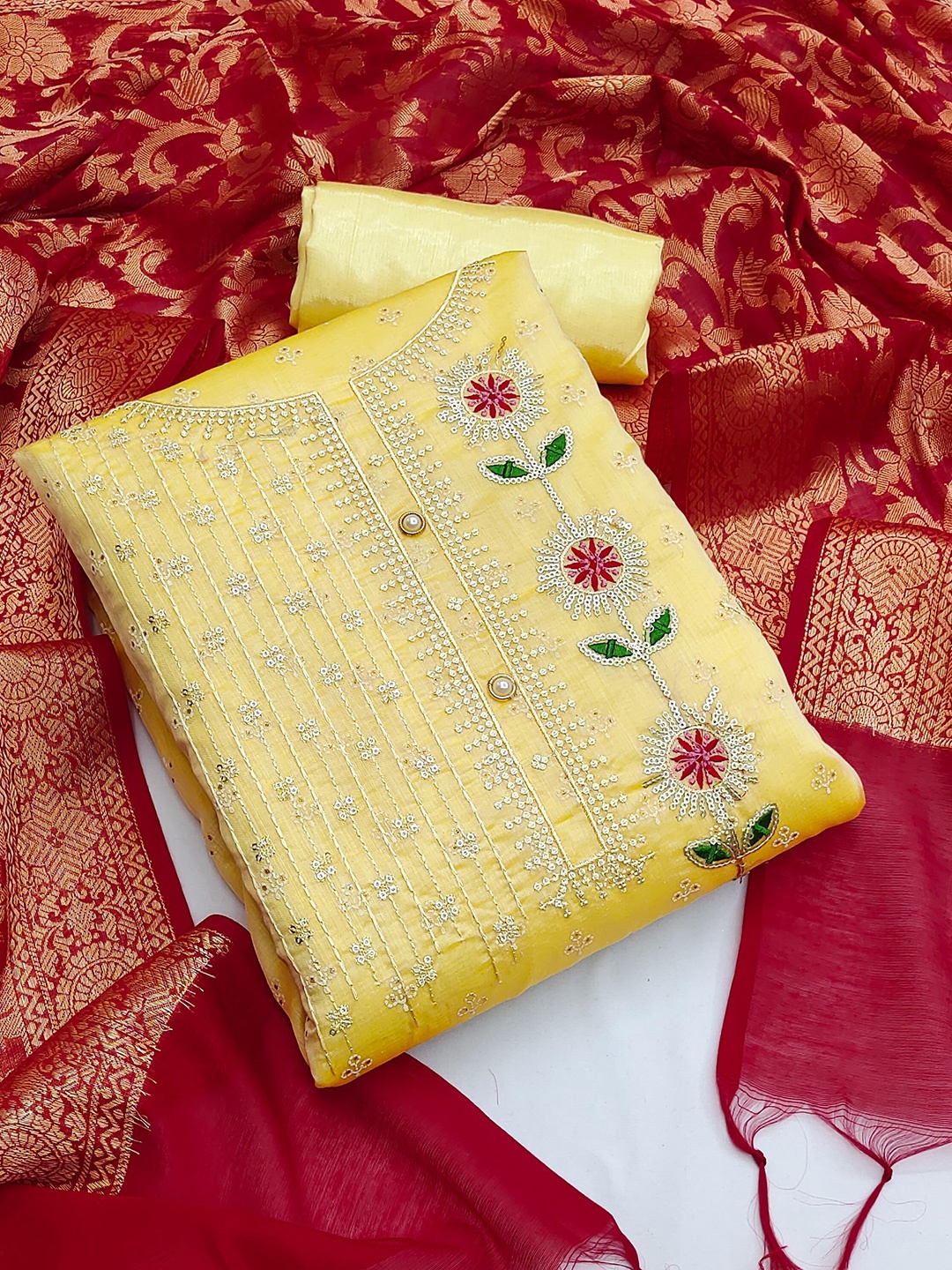 

SHADOW & SAINING Floral Embroidered Unstitched Dress Material, Yellow