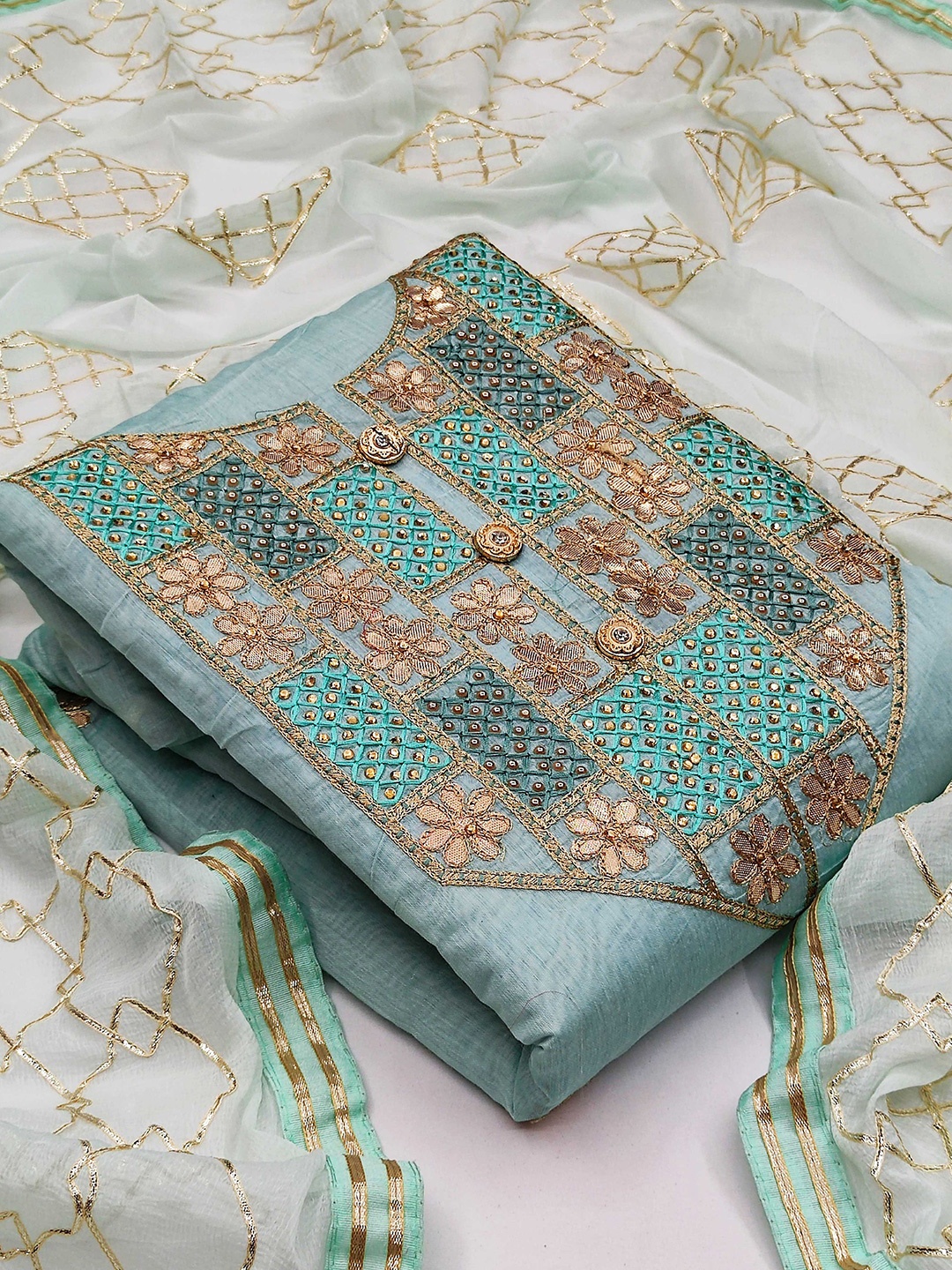 

SHADOW & SAINING Floral Embellished Unstitched Dress Material, Sea green