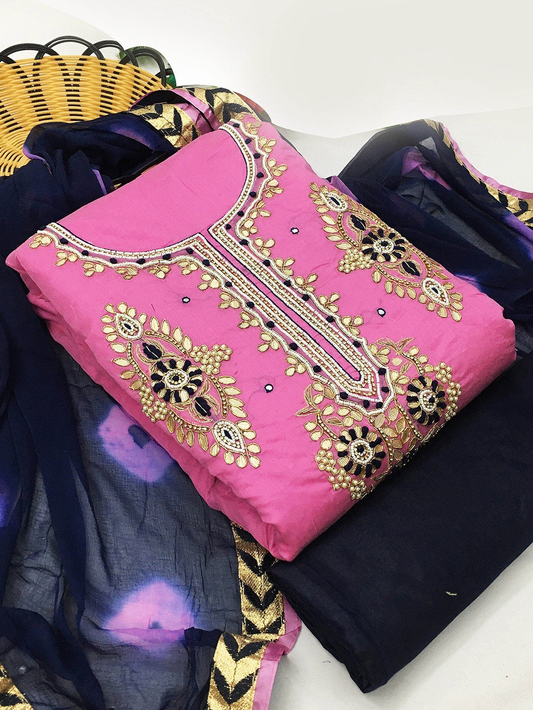 

SHADOW & SAINING Pink & Navy Blue Embellished Unstitched Dress Material