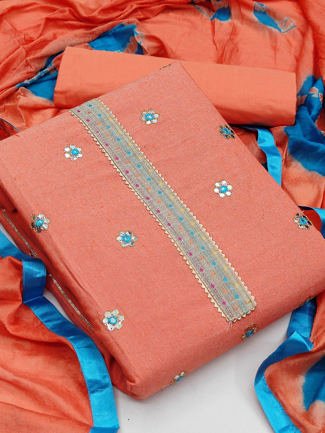

SHADOW & SAINING Floral Embroidered Pure Cotton Unstitched Dress Material, Peach