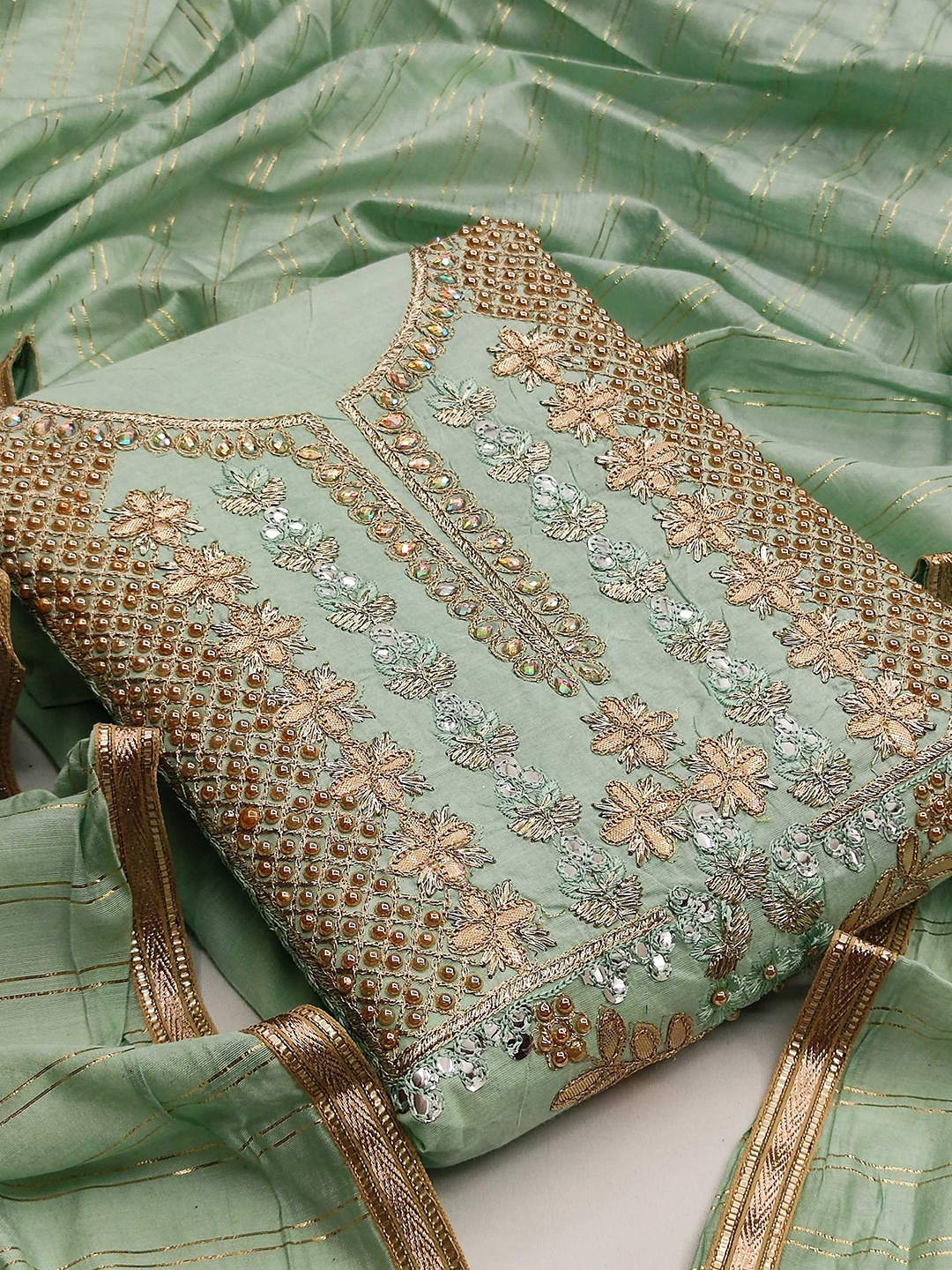 

SHADOW & SAINING Floral Embellished Unstitched Dress Material, Sea green