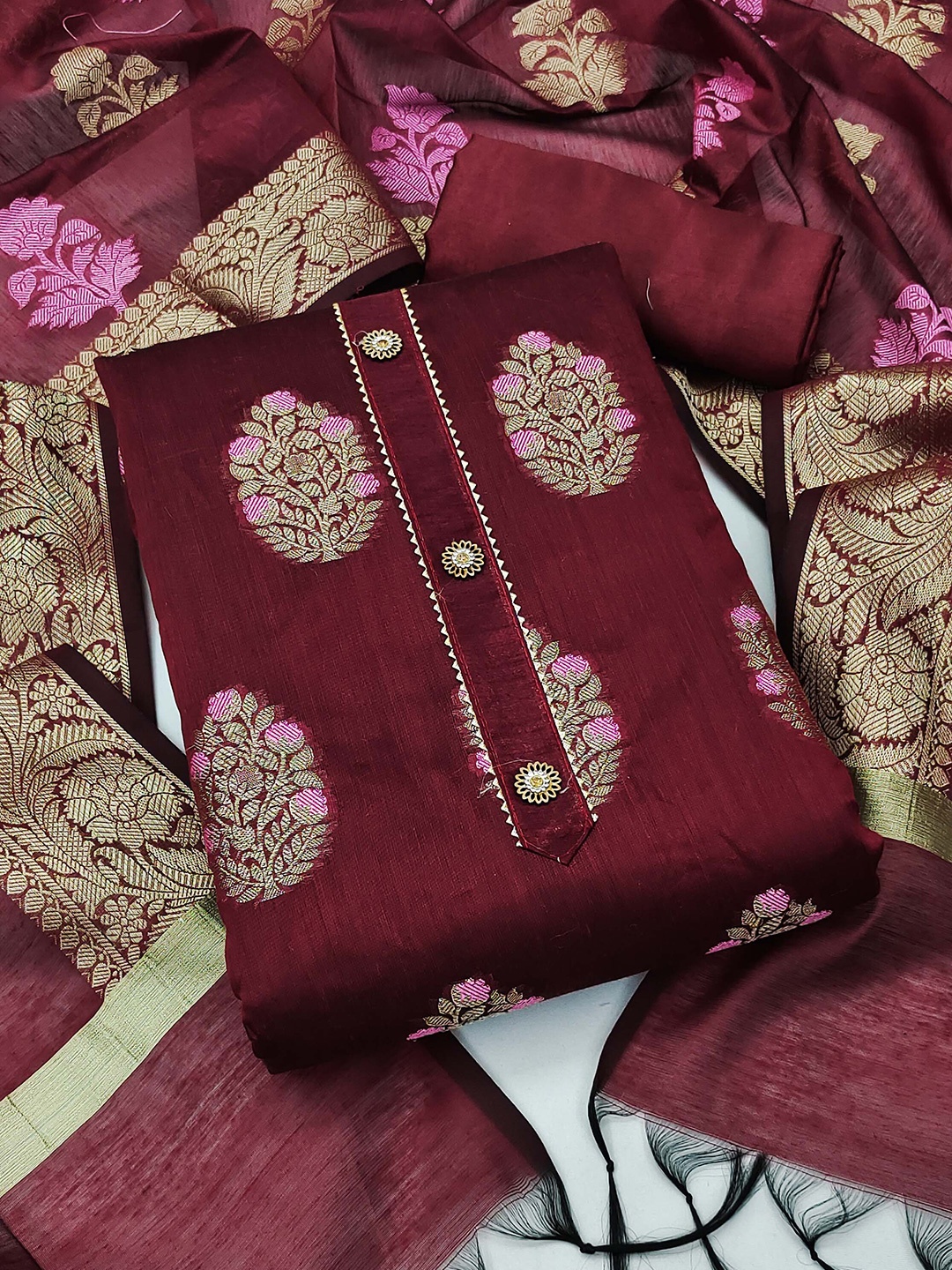 

SHADOW & SAINING Ethnic Motifs Woven Design Zari Gotta Patti Unstitched Dress Material, Magenta