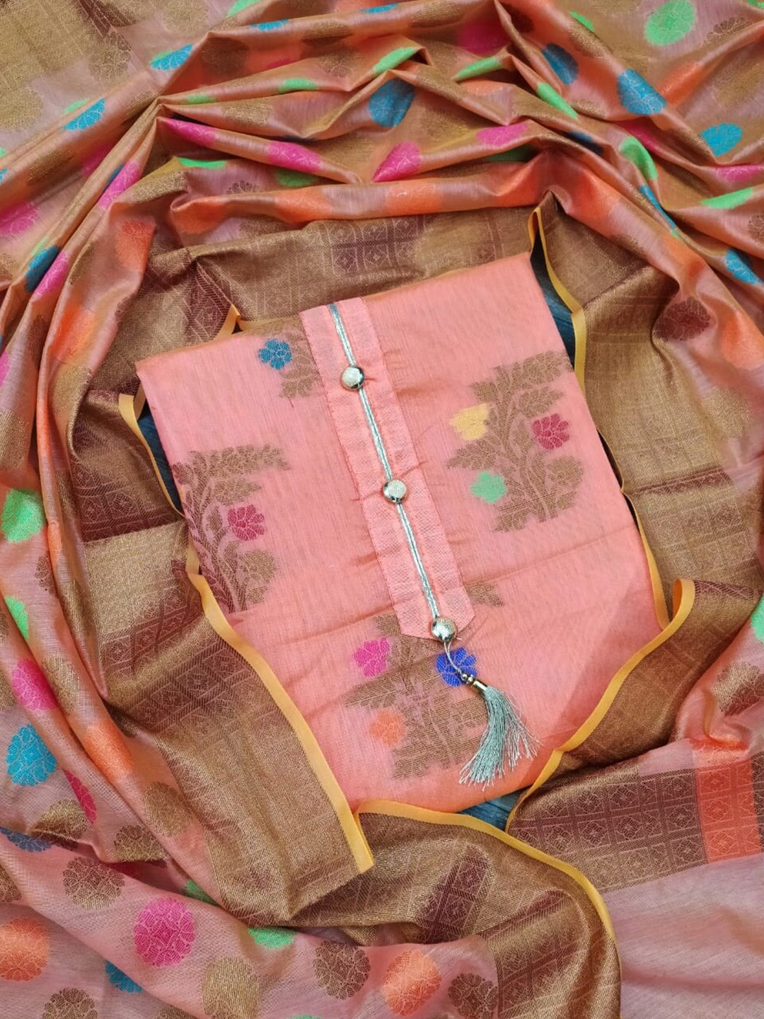 

SHADOW & SAINING Ethnic Motifs Woven Design Unstitched Dress Material, Peach