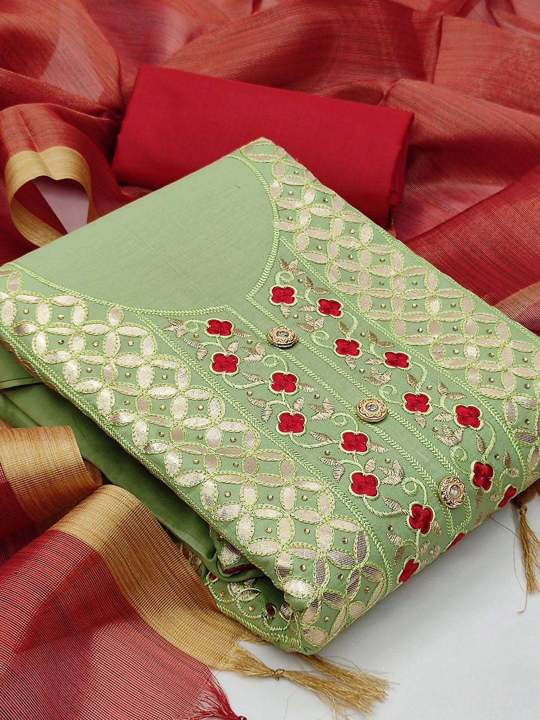 

SHADOW & SAINING Ethnic Motifs Embroidered Unstitched Dress Material, Green