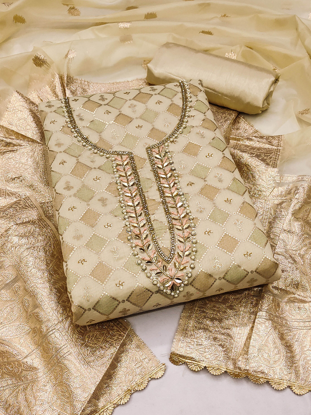 

SHADOW & SAINING Ethnic Motifs Embellished Beads and Stones Unstitched Dress Material, Beige