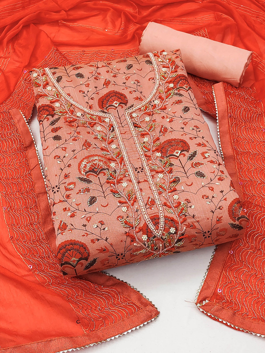 

SHADOW & SAINING Floral Embellished Unstitched Dress Material, Peach
