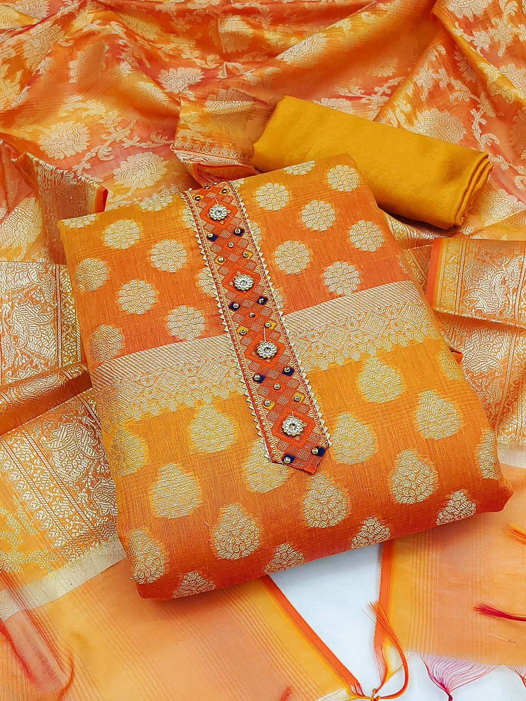 

SHADOW & SAINING Woven Design Beads & Stones Unstitched Dress Material, Yellow