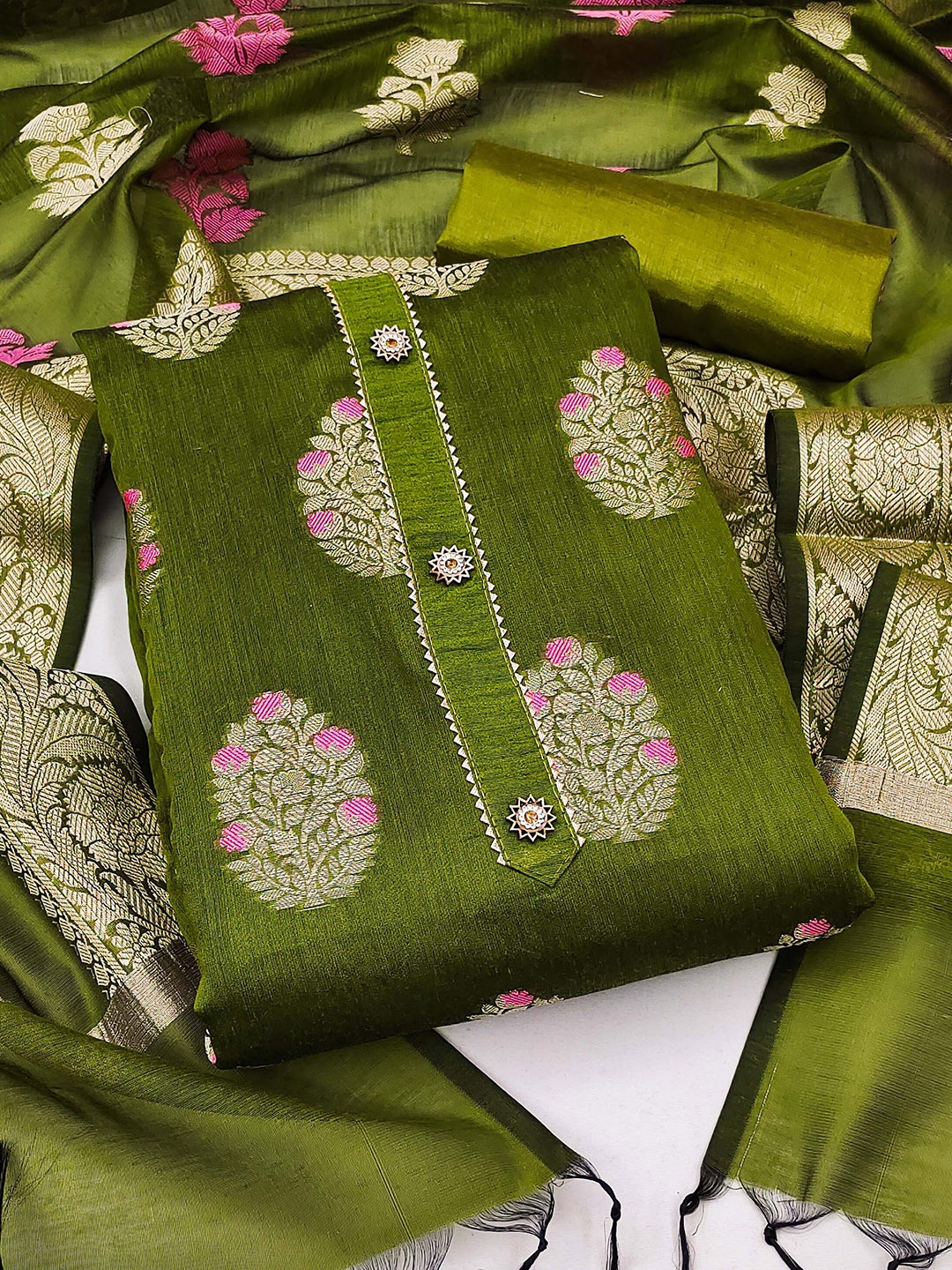 

SHADOW & SAINING Ethnic Motifs Woven Design Unstitched Dress Material, Green