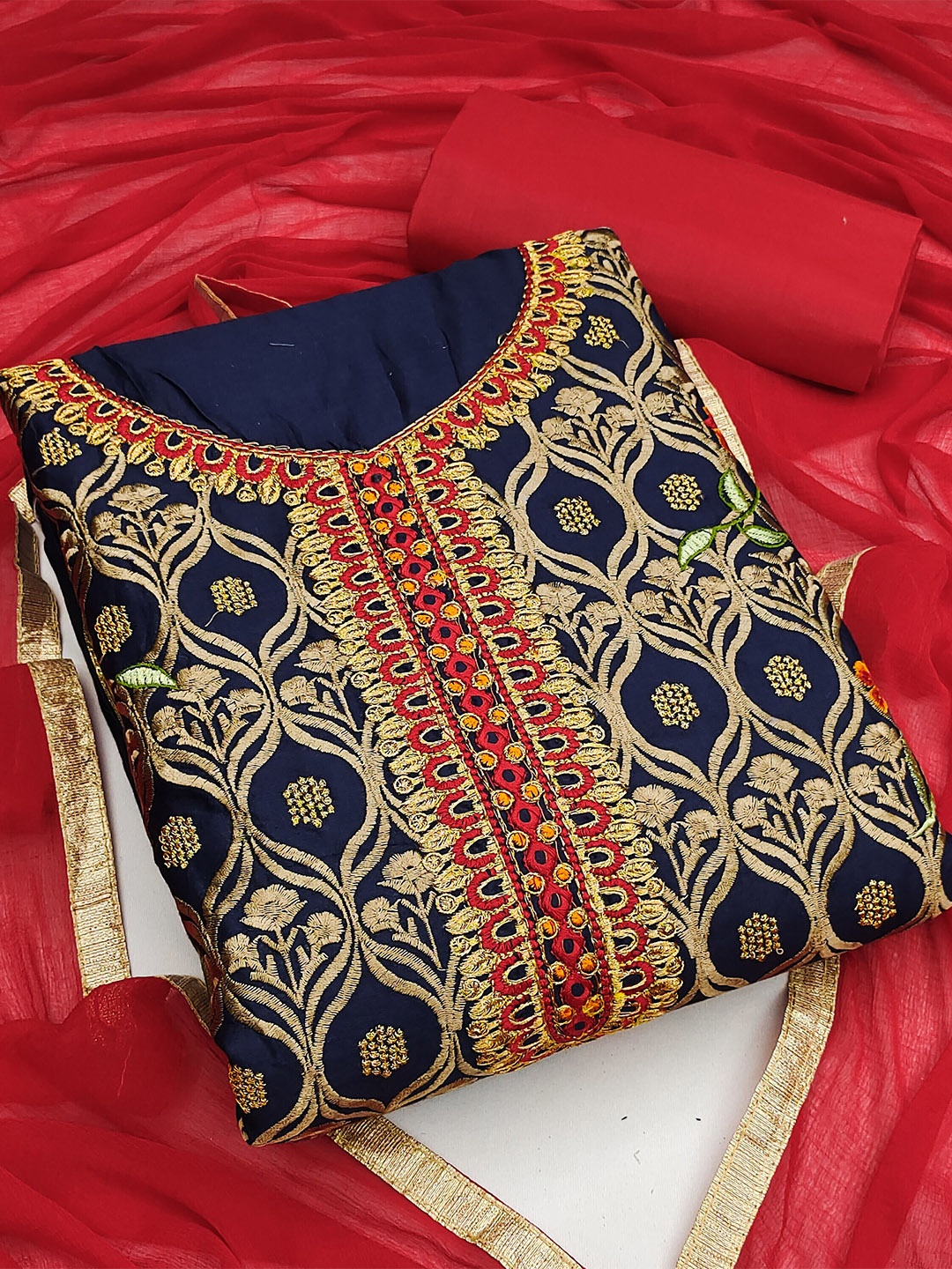 

SHADOW & SAINING Ethnic Motifs Embroidered Unstitched Dress Material, Blue