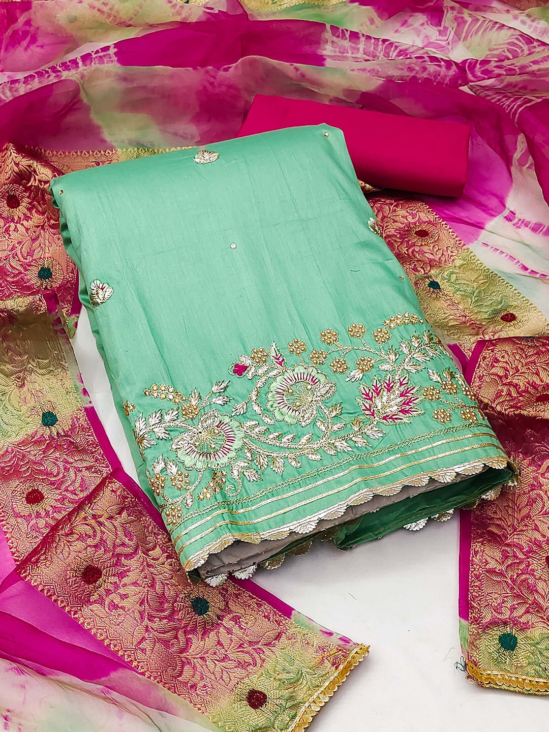 

SHADOW & SAINING Embroidered Beaded Unstitched Dress Material, Sea green
