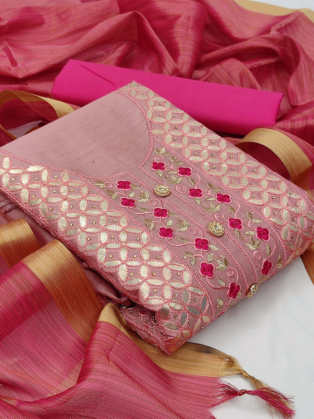 

SHADOW & SAINING Ethnic Motifs Embellished Unstitched Dress Material, Pink