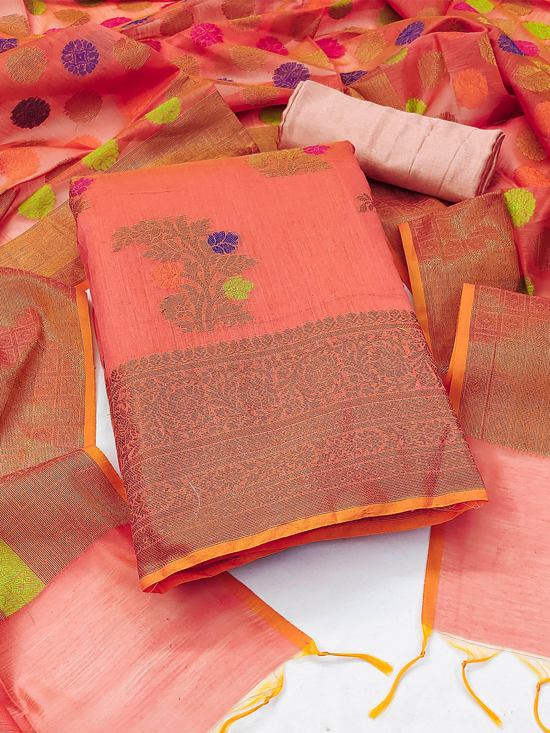 

SHADOW & SAINING Woven Design Zari Unstitched Dress Material, Peach