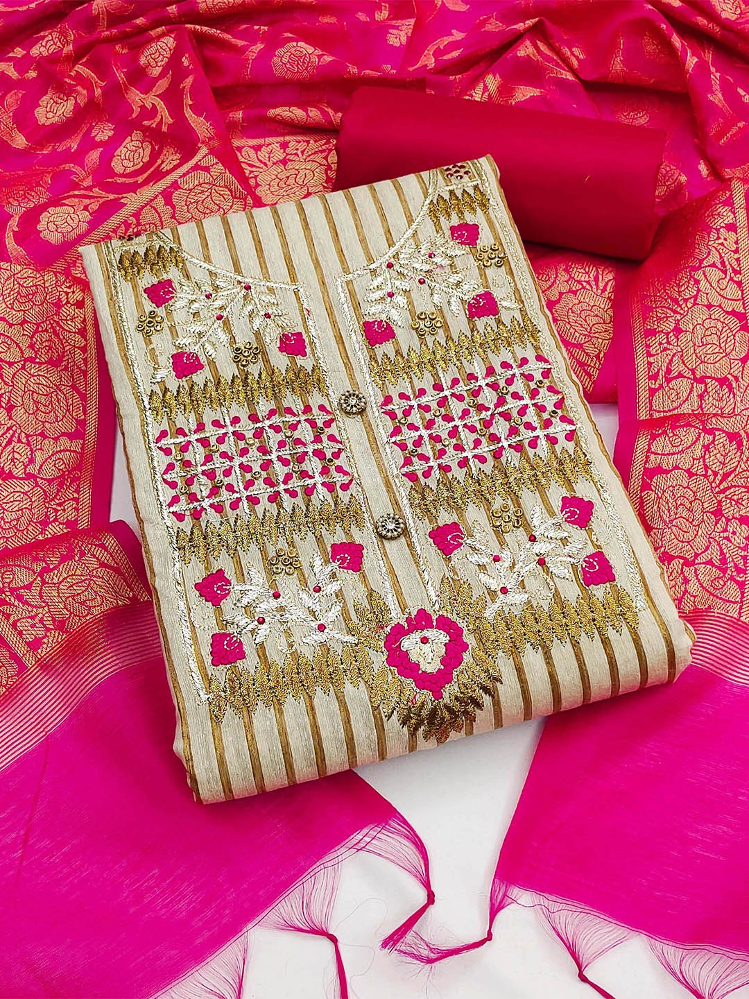 

SHADOW & SAINING Ethnic Motifs Embroidered Zari Unstitched Dress Material, Beige