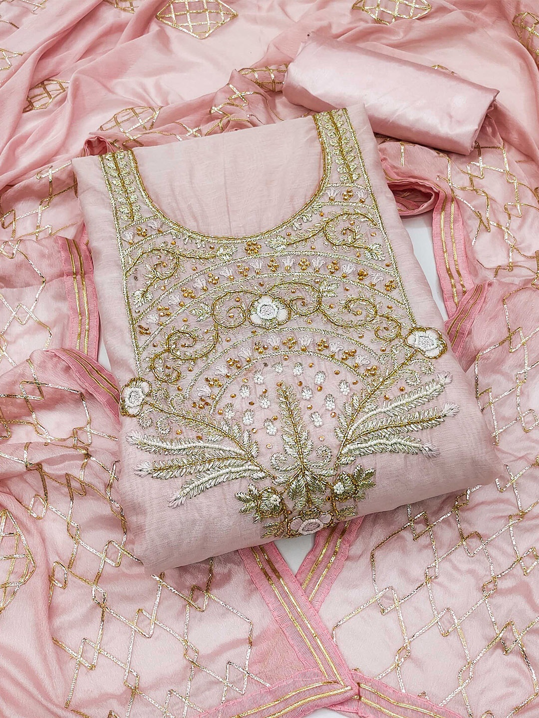 

SHADOW & SAINING Floral Embroiderd Beads and Stones Unstitched Dress Material, Pink
