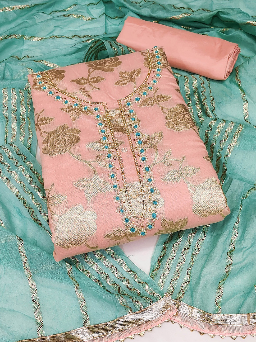 

SHADOW & SAINING Floral Woven Design Zari Unstitched Dress Material, Peach