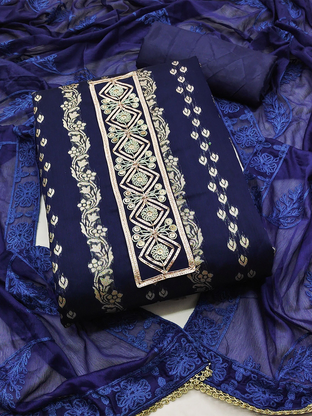 

SHADOW & SAINING Ethnic Motifs Woven Design Unstitched Dress Material, Blue