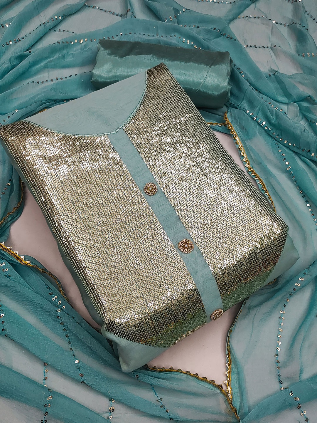 

SHADOW & SAINING Embellished Sequinned Detailed Unstitched Dress Material, Teal