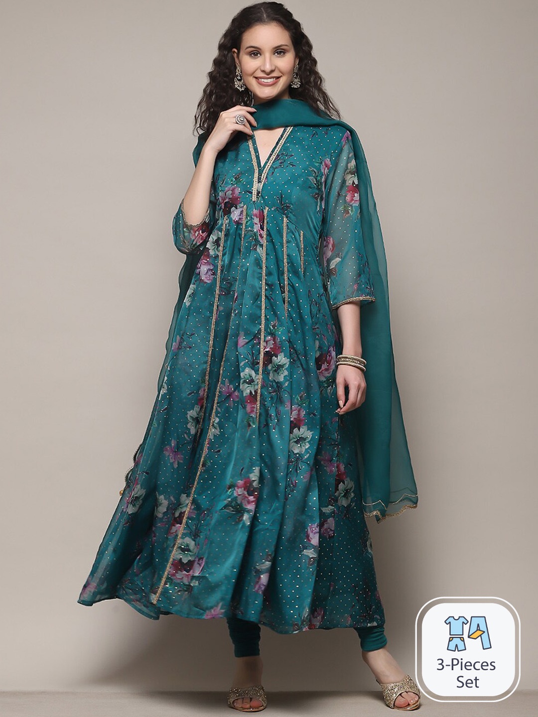 

Biba Floral Printed A Line Kurta With Churidar & Dupatta, Green