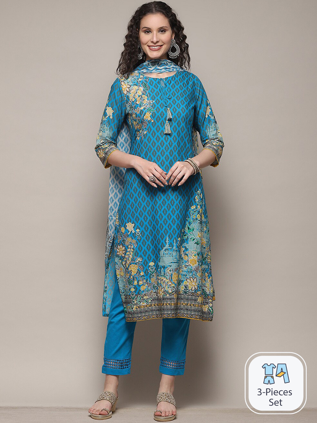 

Biba Ethnic Motifs Printed Straight Kurta & Trousers With Dupatta, Turquoise blue