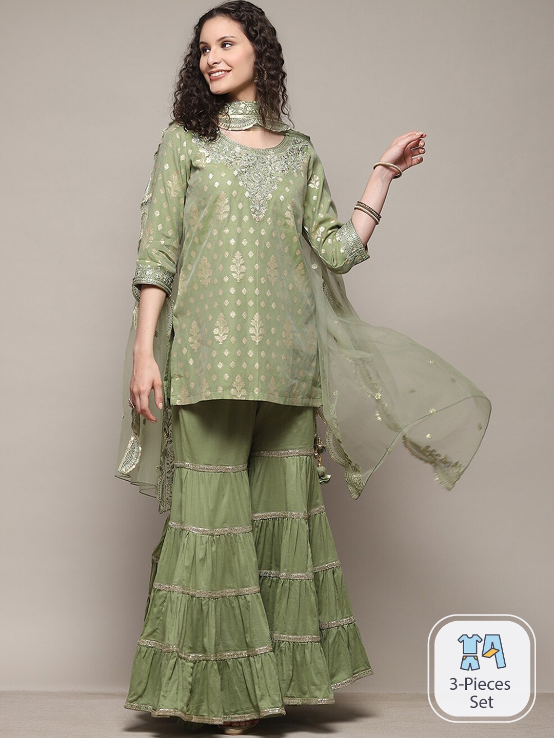 

Biba Ethnic Motifs Printed Straight Kurti With Sharara & Dupatta, Green