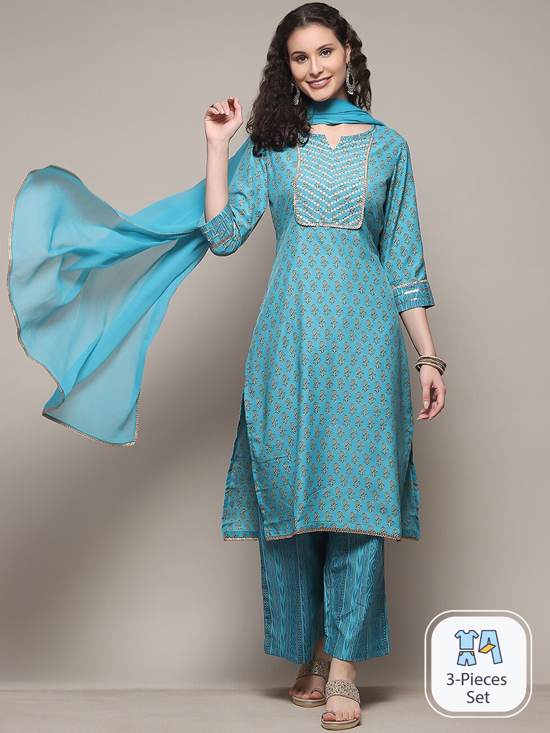 

Biba Floral Printed Thread Work Straight Kurta & Palazzos With Dupatta, Turquoise blue