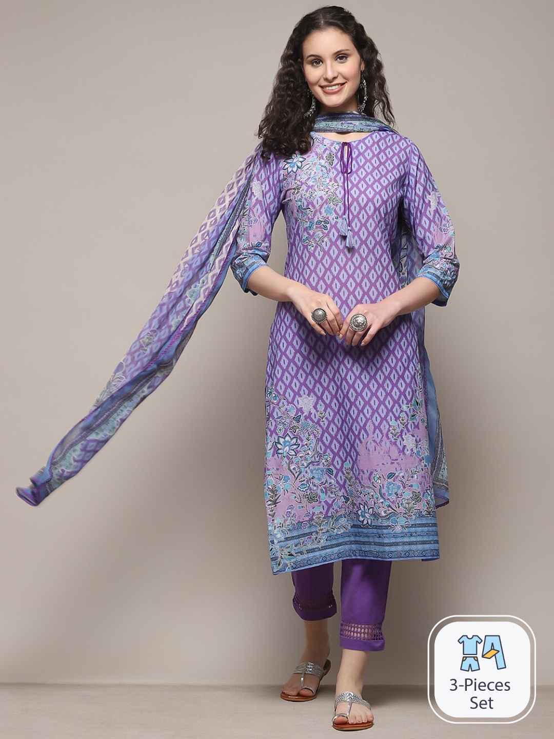 

Biba Ethnic Motifs Printed Straight Kurta & Trousers With Dupatta, Purple
