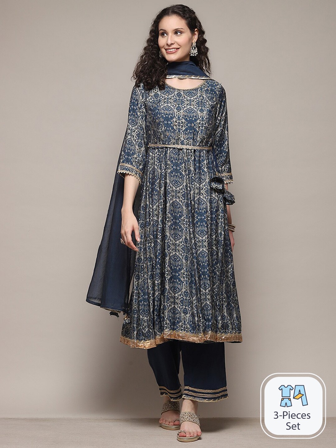 

Biba Ethnic Motifs Printed Gotta Patti A-Line Kurta & Palazzos With Dupatta, Blue