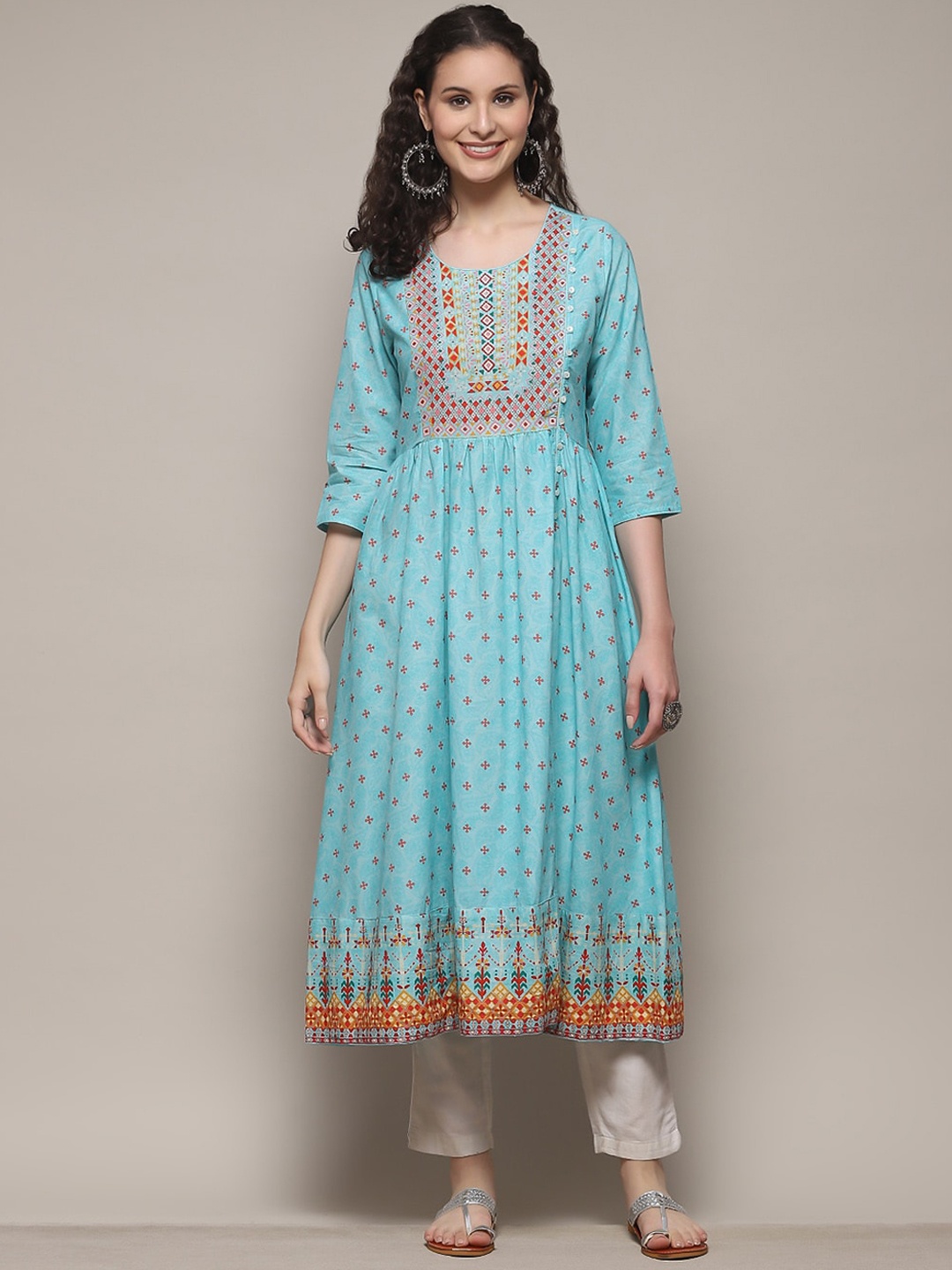 

Biba Ethnic Motifs Printed Cotton Kurta, Blue