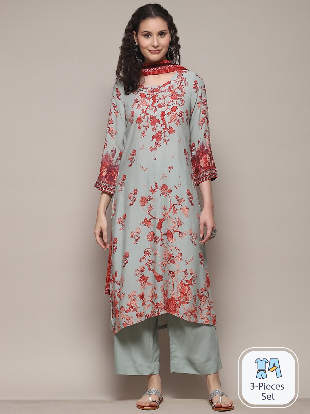 

Biba Floral Printed Straight Kurta With Palazzos & Dupatta, Grey