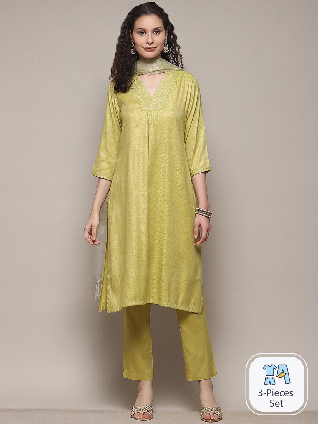 

Biba Floral Embroidered Straight Kurta & Trousers With Dupatta, Lime green