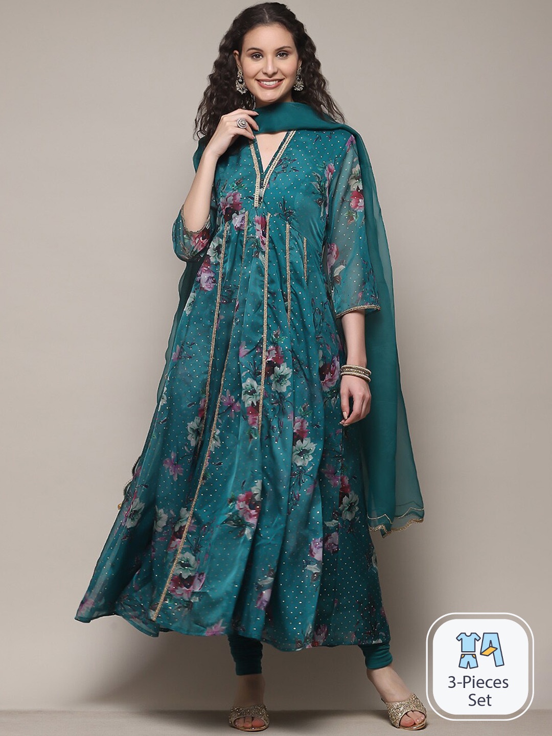 

Biba Floral Printed Anarkali Kurta With Churidar & Dupatta, Green