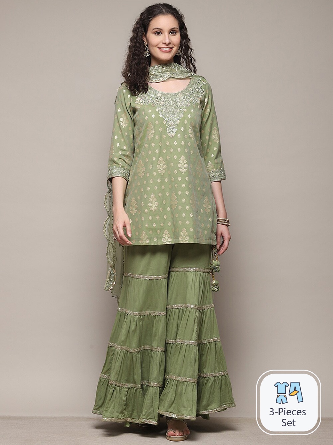 

Biba Floral Printed Thread Work Kurta & Sharara With Dupatta, Green