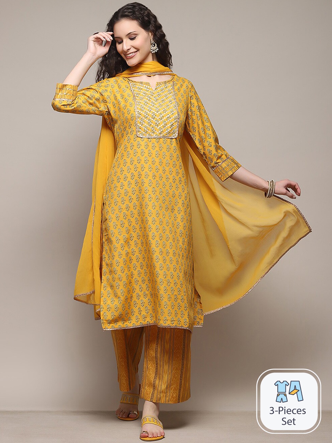 

Biba Ethnic Motifs Printed Straight Kurta With Palazzos & Dupatta, Yellow