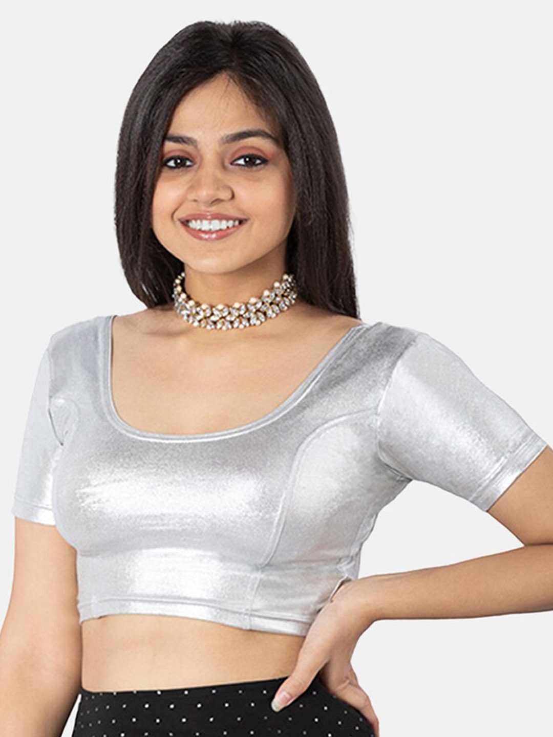 

NAIDU HALL Cotton Knitted Saree Blouse, Silver