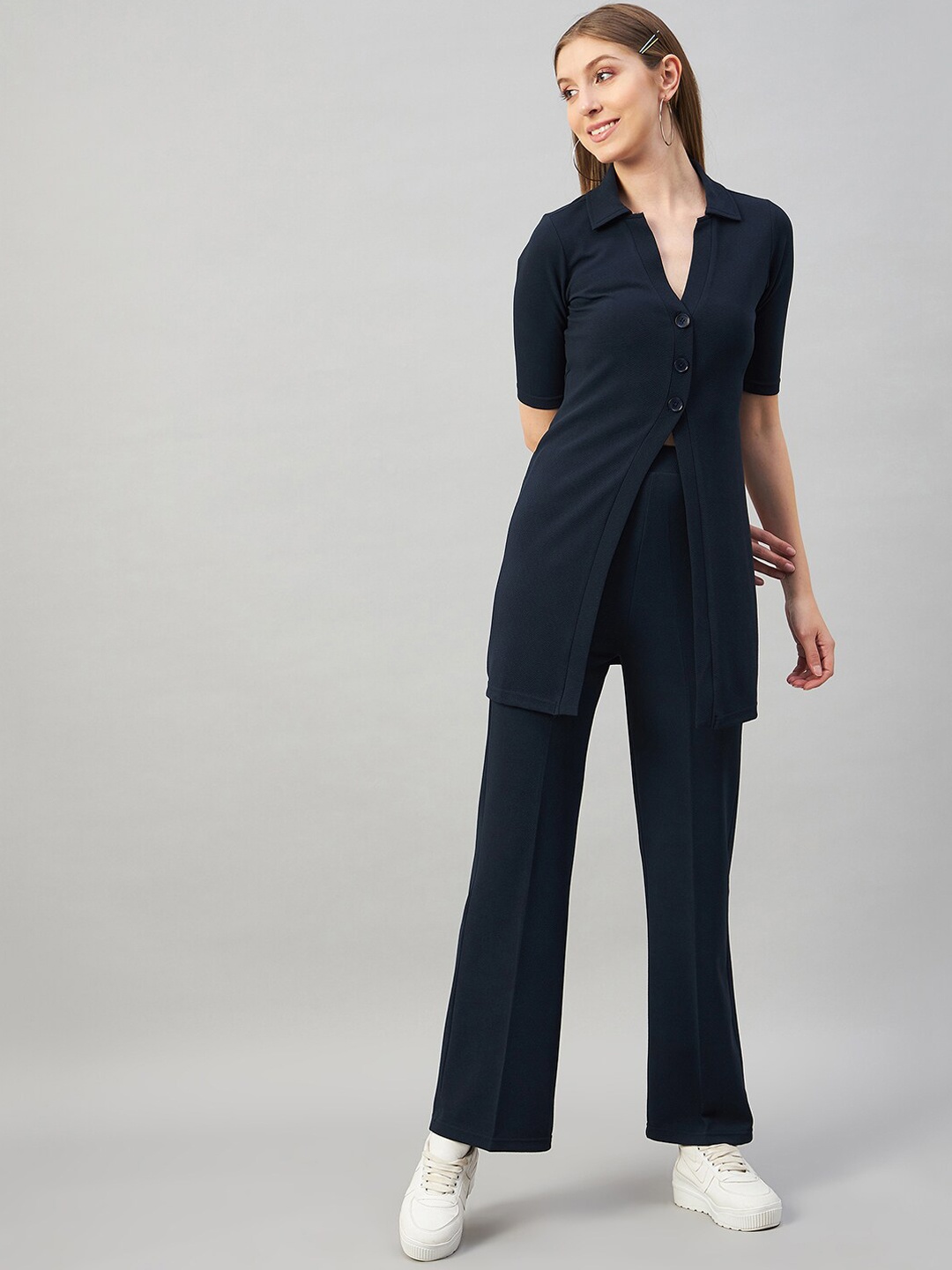 

Chemistry Shirt Collar Shirt With Stretch Flared Trousers, Navy blue