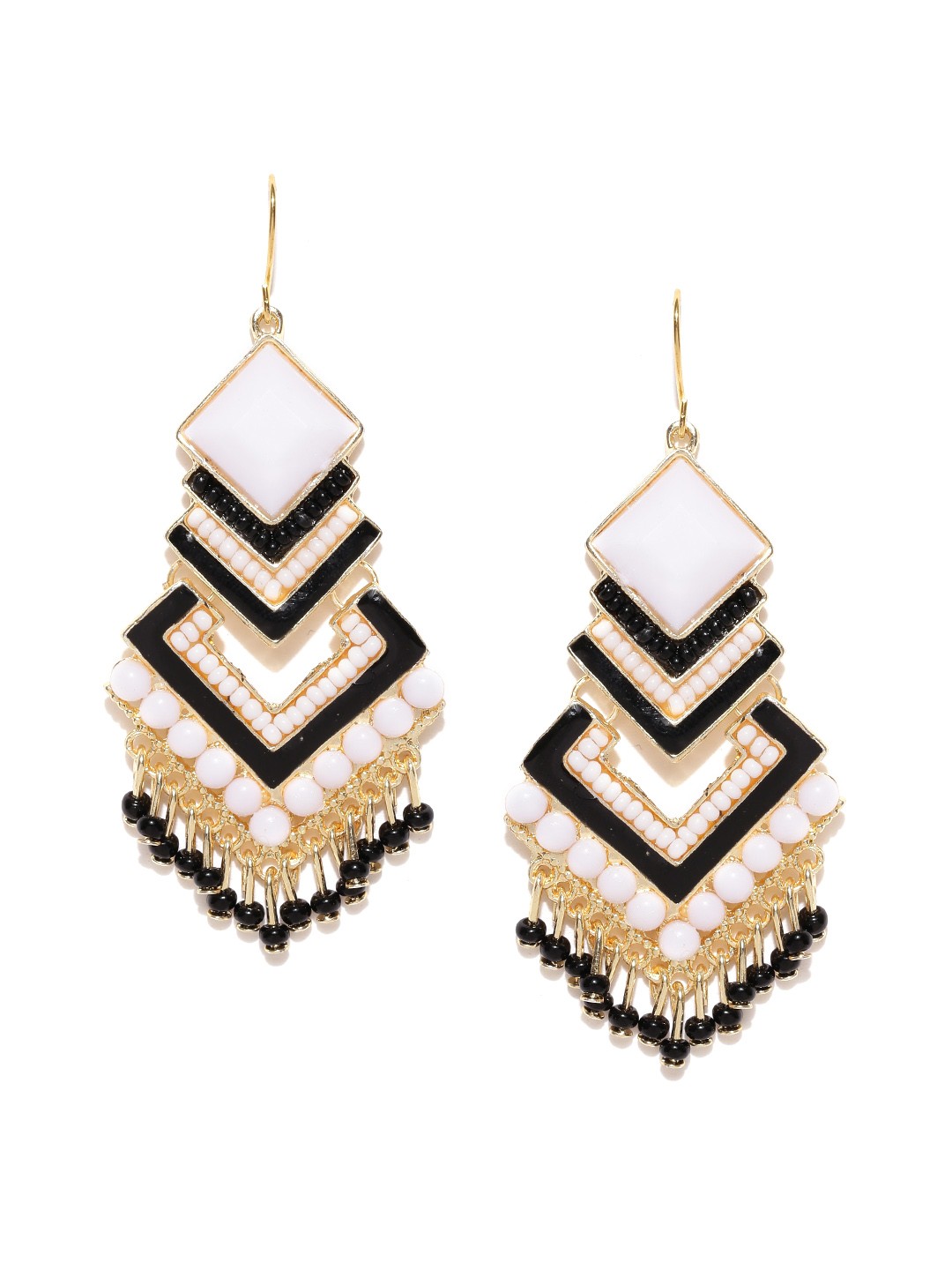 

Crunchy Fashion White & Black Beaded Geometric Drop Earrings