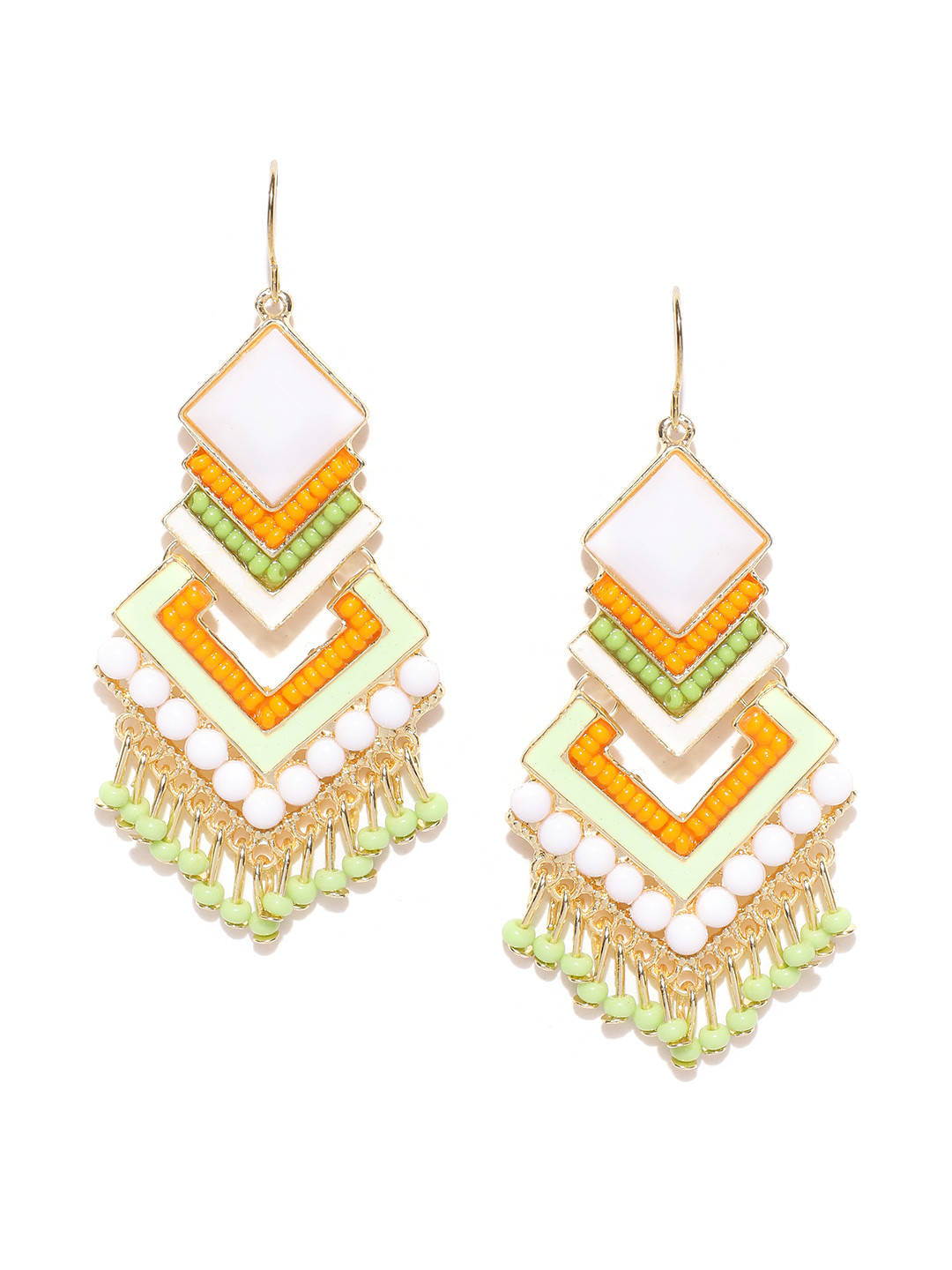 

Crunchy Fashion White & Orange Beaded Geometric Drop Earrings