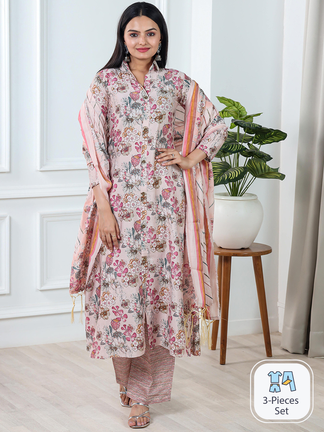 

Vidraa Western Store Floral Printed Chanderi Cotton Kurta With Trousers & Dupatta, Pink