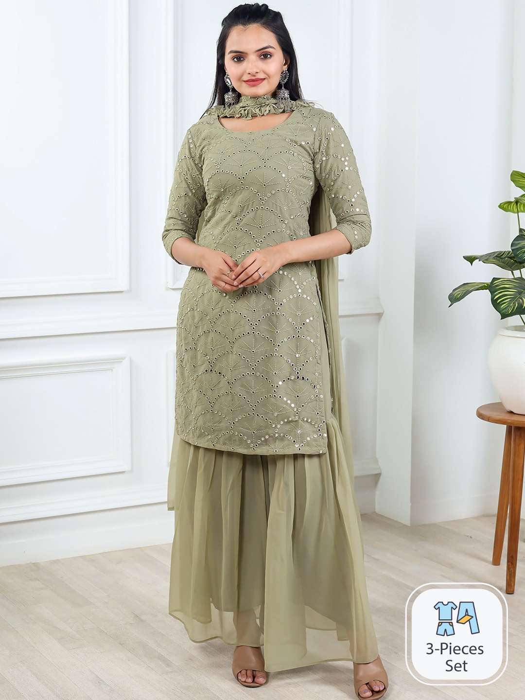 

Vidraa Western Store Embroidered Mirror Work Kurti With Sharara & Dupatta, Olive