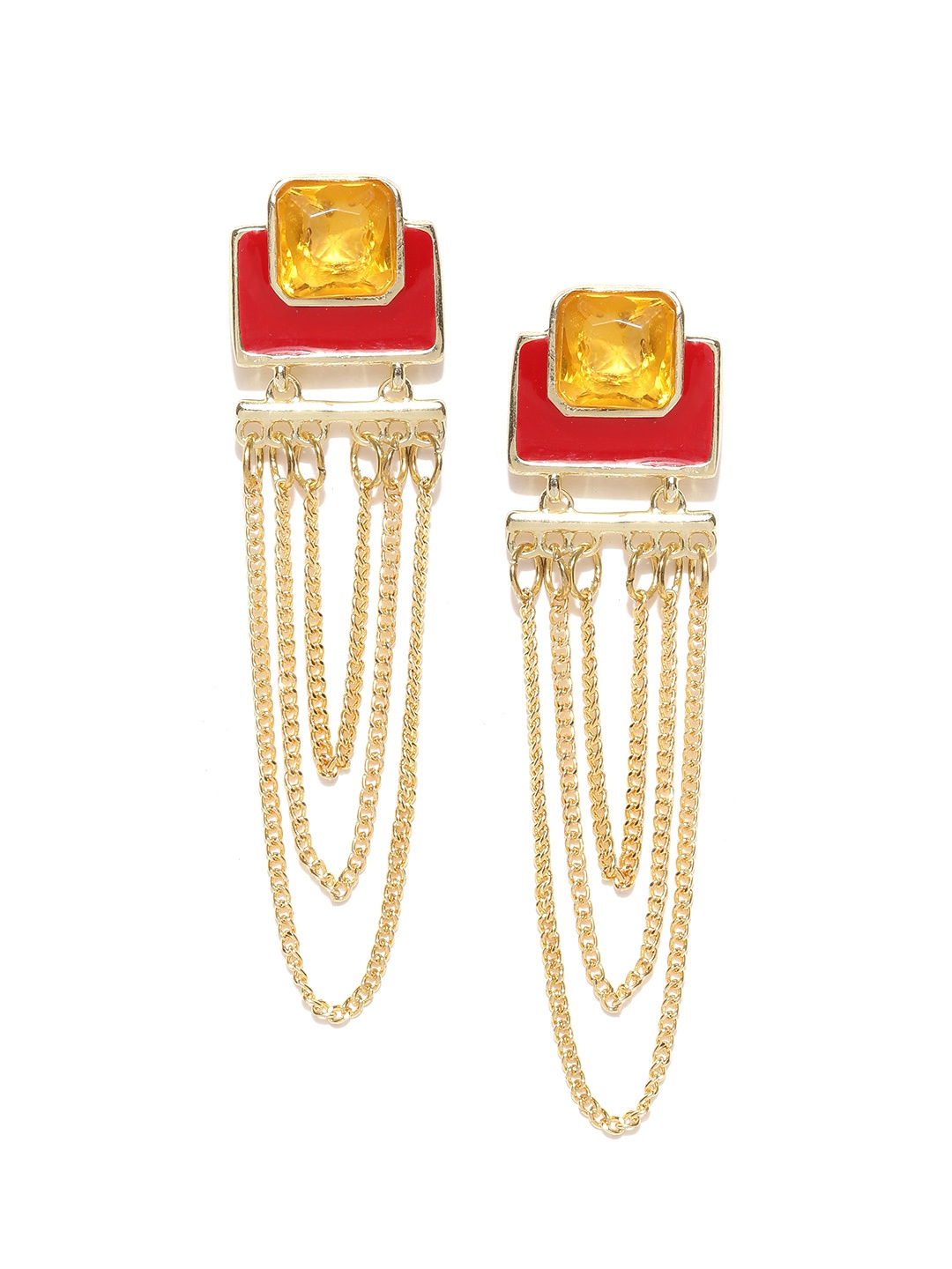 

Crunchy Fashion Gold-Toned & Red Stone-Studded Contemporary Drop Earrings