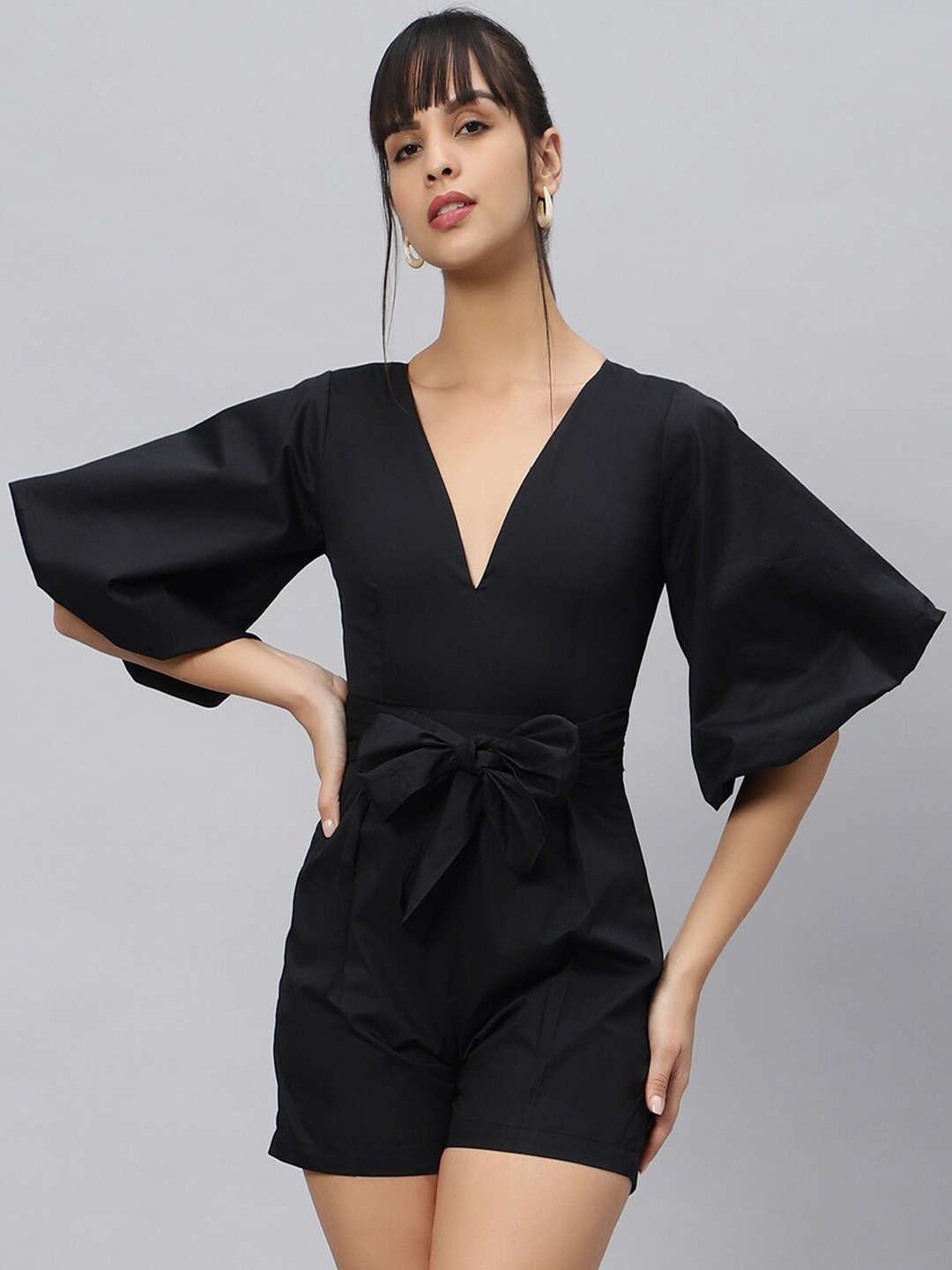 

OUI V-Neck Flared Sleeves Pure Cotton Playsuit, Black