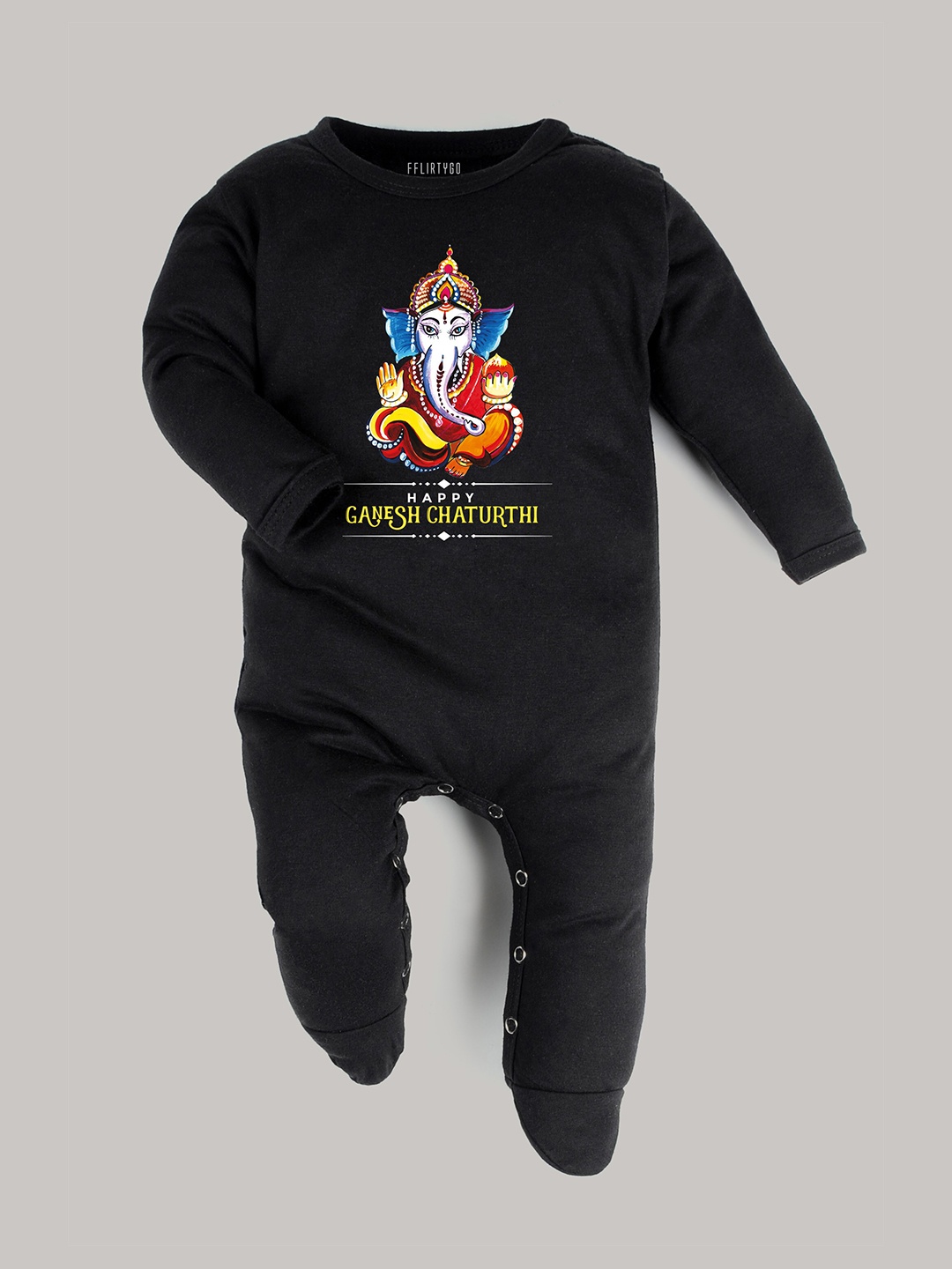 

FFLIRTYGO Infants Ganesh Chaturthi Special Printed Pure Cotton Sleepsuit, Black