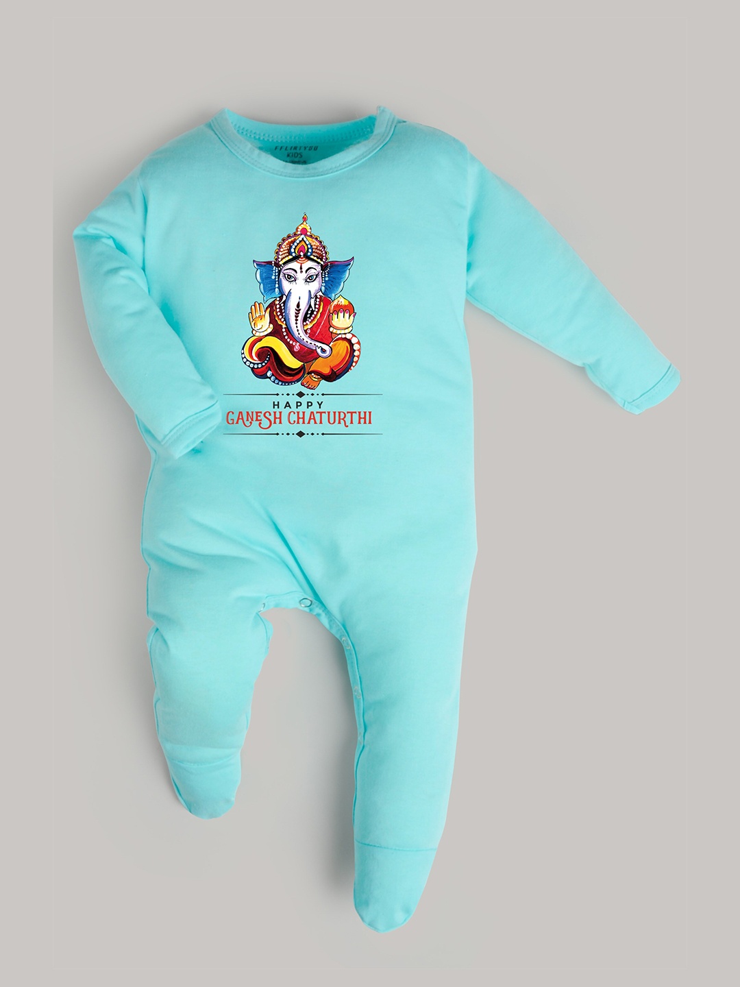 

FFLIRTYGO Infants Ganesh Chaturthi Printed Cotton Sleepsuit, Turquoise blue